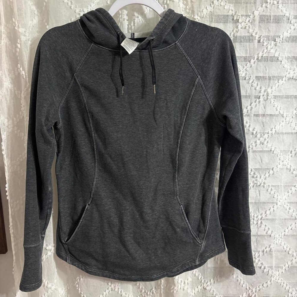 Women Charcoal Grey Contoured Seam Athletic Hoodie Sweatshirt Raglan Sleeve